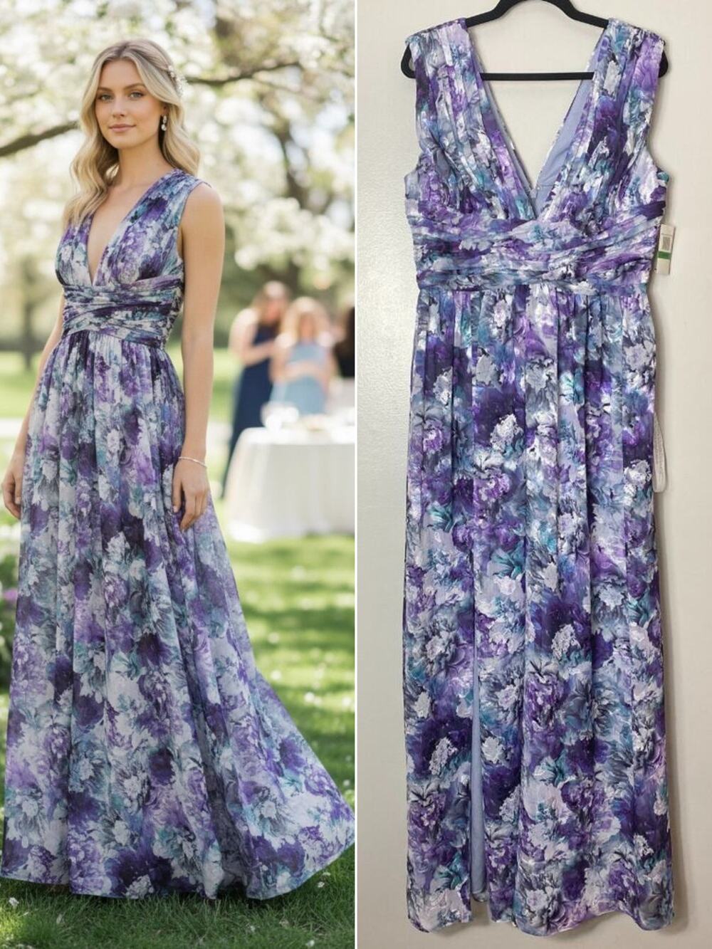 JS Collections Dress L Purple Floral Mother of the Bride Wedding Guest Long Gown